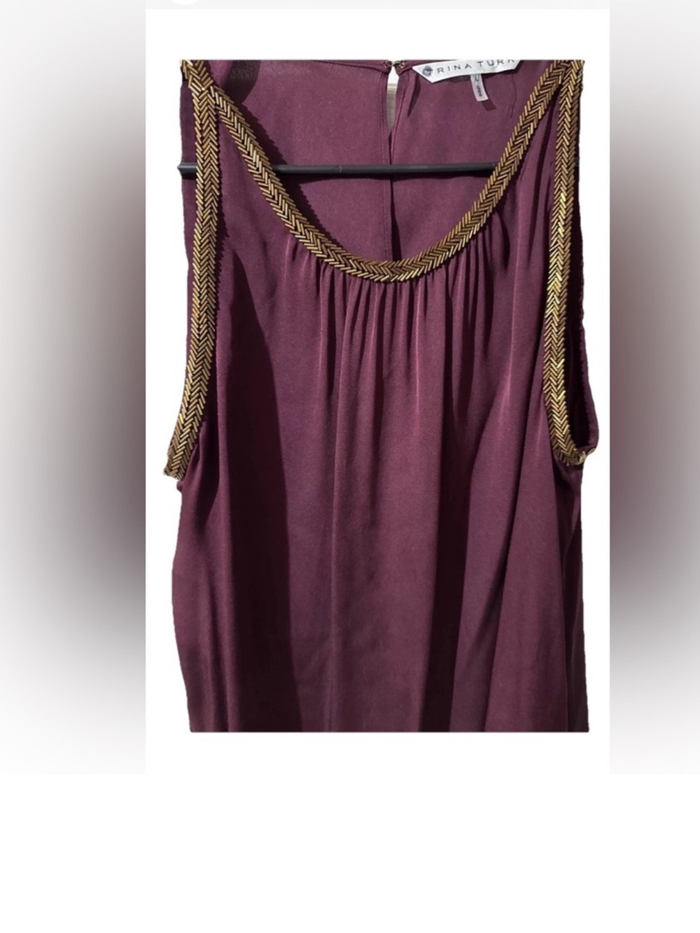 Trina Turk Women SZ L 93% Silk Sleeveless Top Burgundy Gold Metal Trim Evening